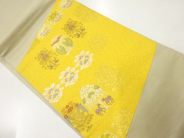 アンティーク　切り嵌め風草花に向かい動物模様織出し袋帯（材料）